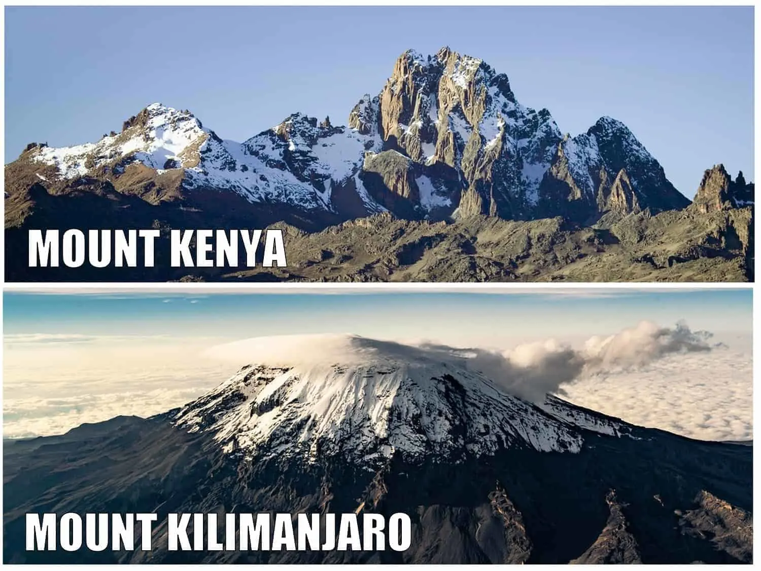 Side-by-side comparison of Mount Kenya and Kilimanjaro peaks