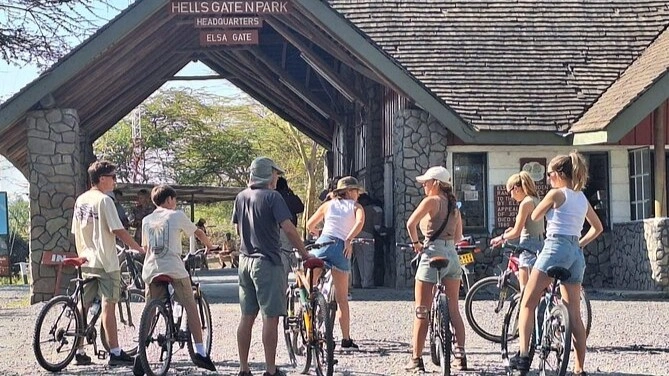 Mountain bikes lined up for rental near Elsa Gate entrance at Hell's Gate National Park in Naivasha