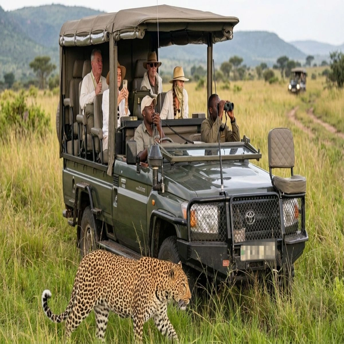 Safari Land Cruiser driver-guide using a VHF radio system during a game drive in Kenya.