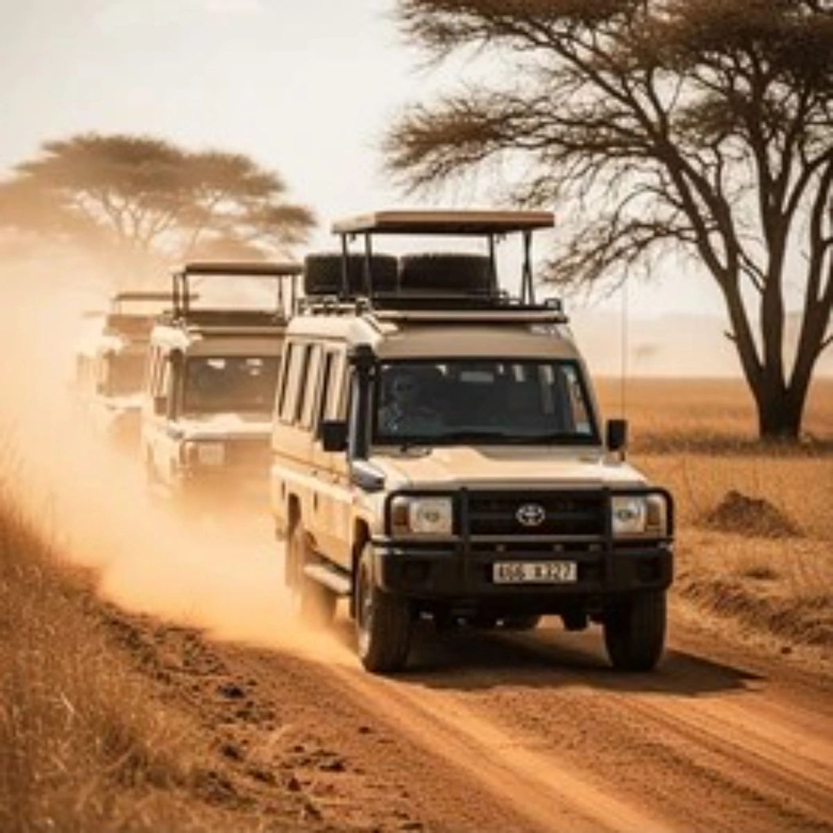Open-roof 4x4 safari Land Cruiser with travelers on a guided game drive in the Maasai Mara.