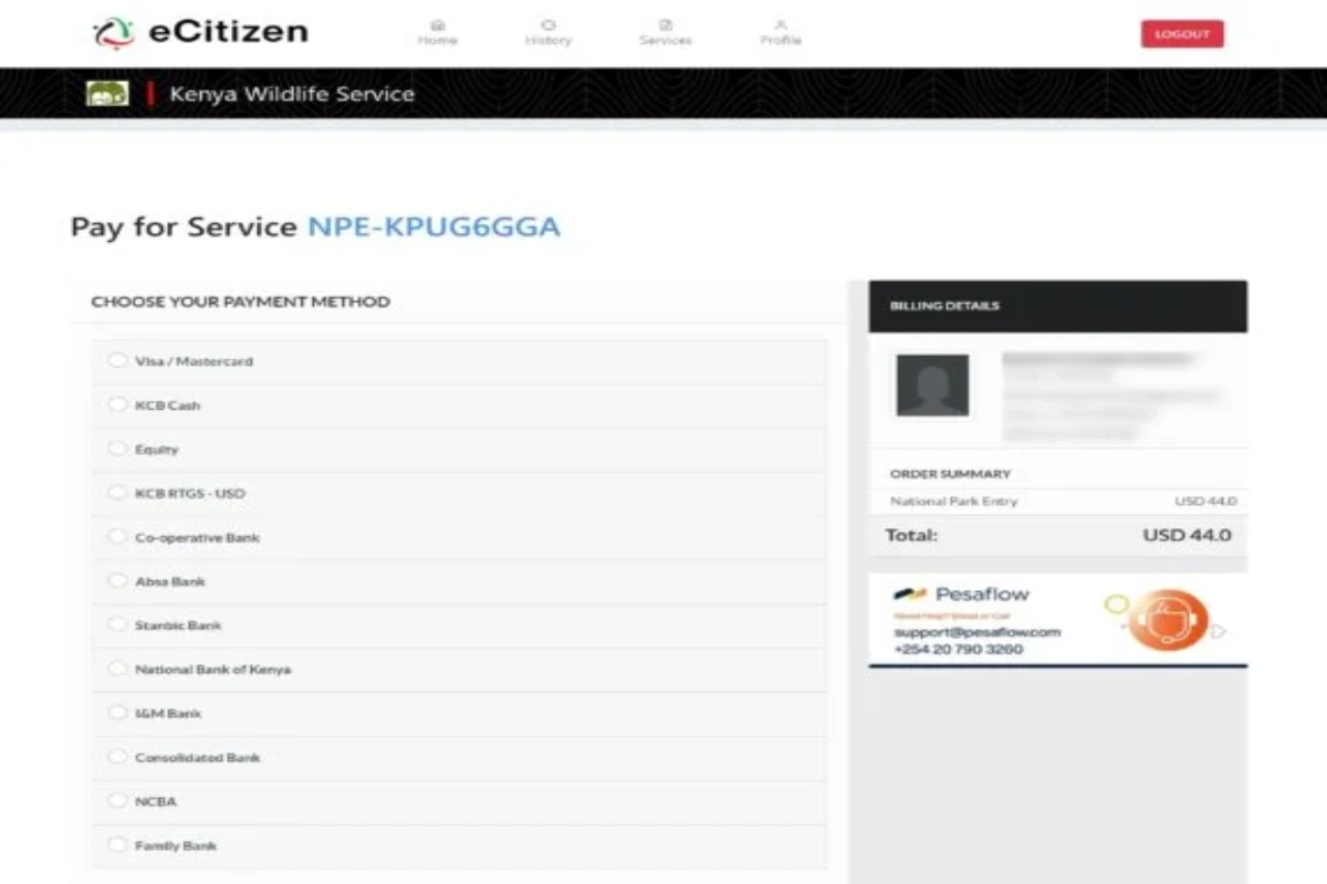 Official eCitizen digital payment portal dashboard for booking Kenya Wildlife Service national park entry fees online