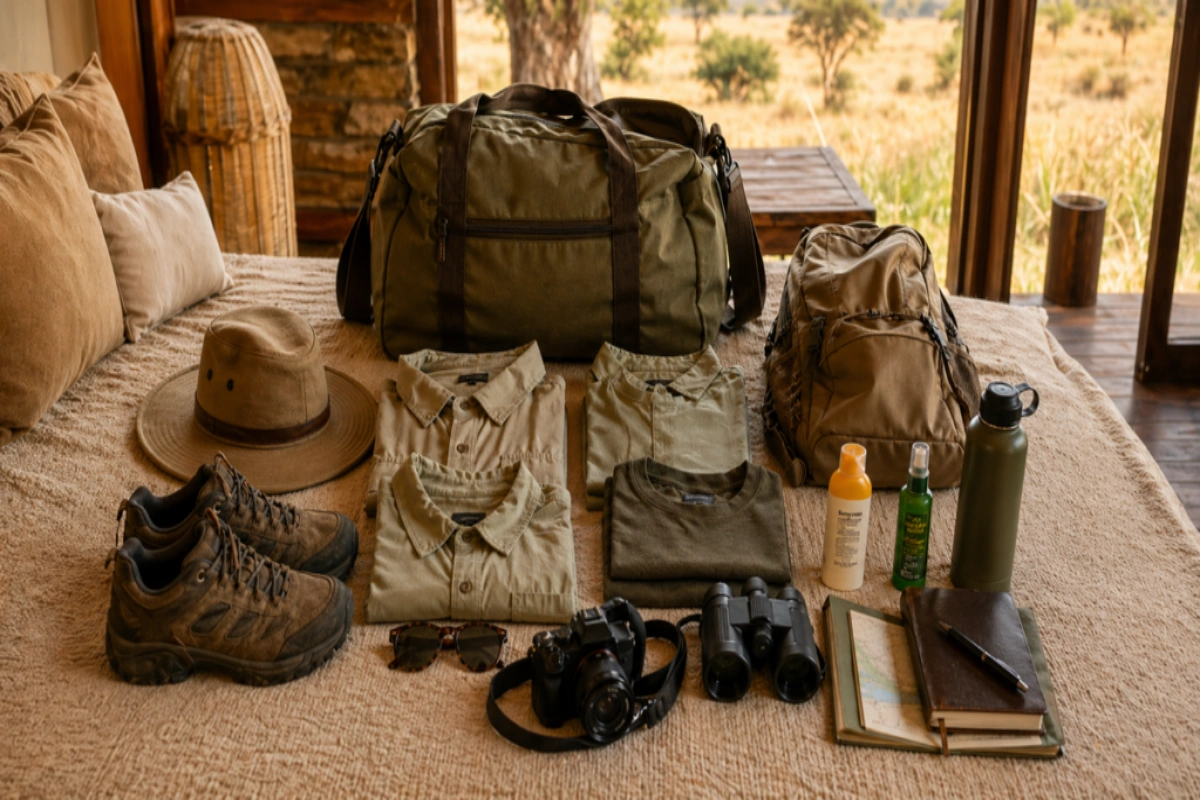 Traveller using professional binoculars and camera gear on safari in Kenya