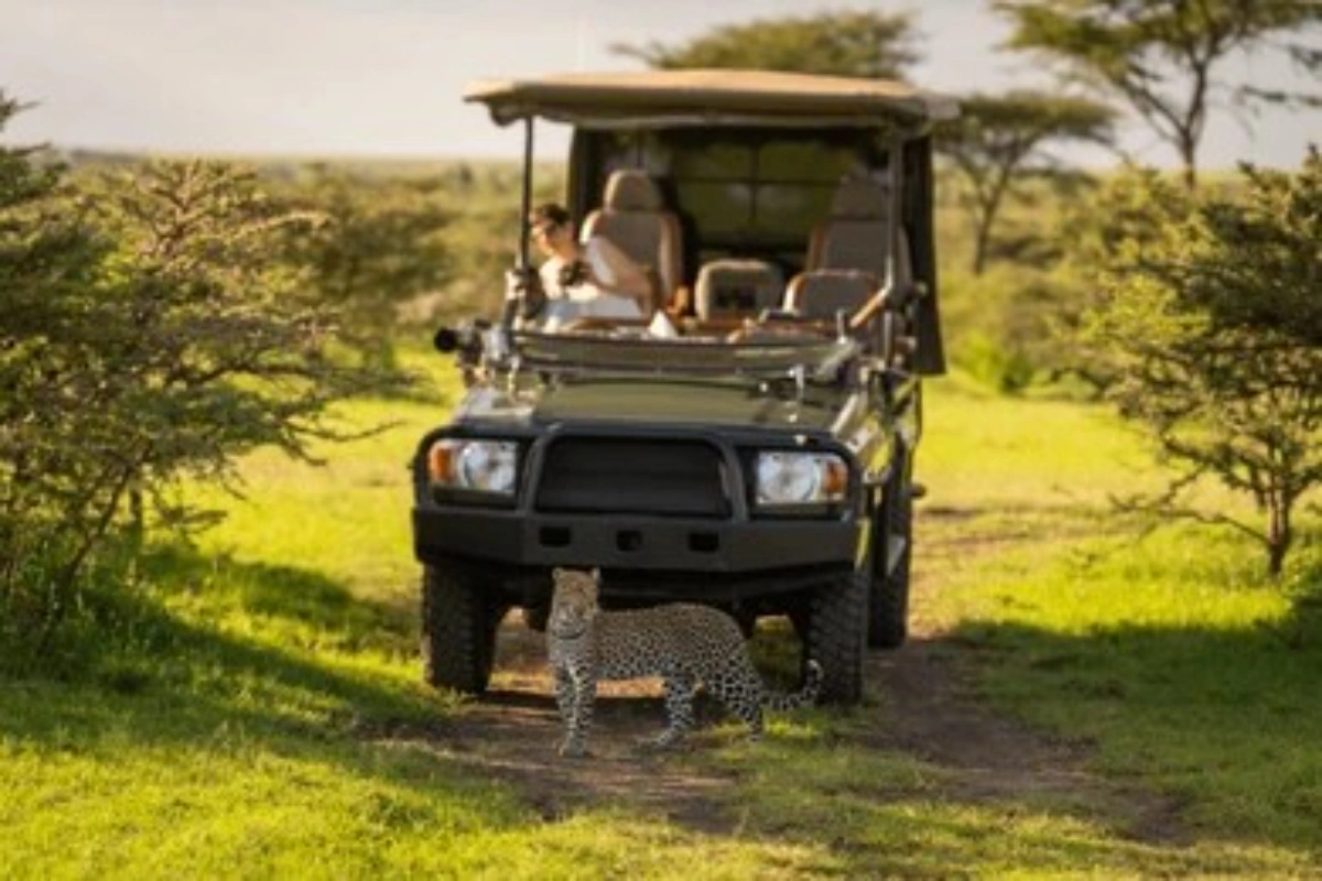 Open safari vehicle enjoying an exclusive game drive in a Masai Mara private conservancy during December.