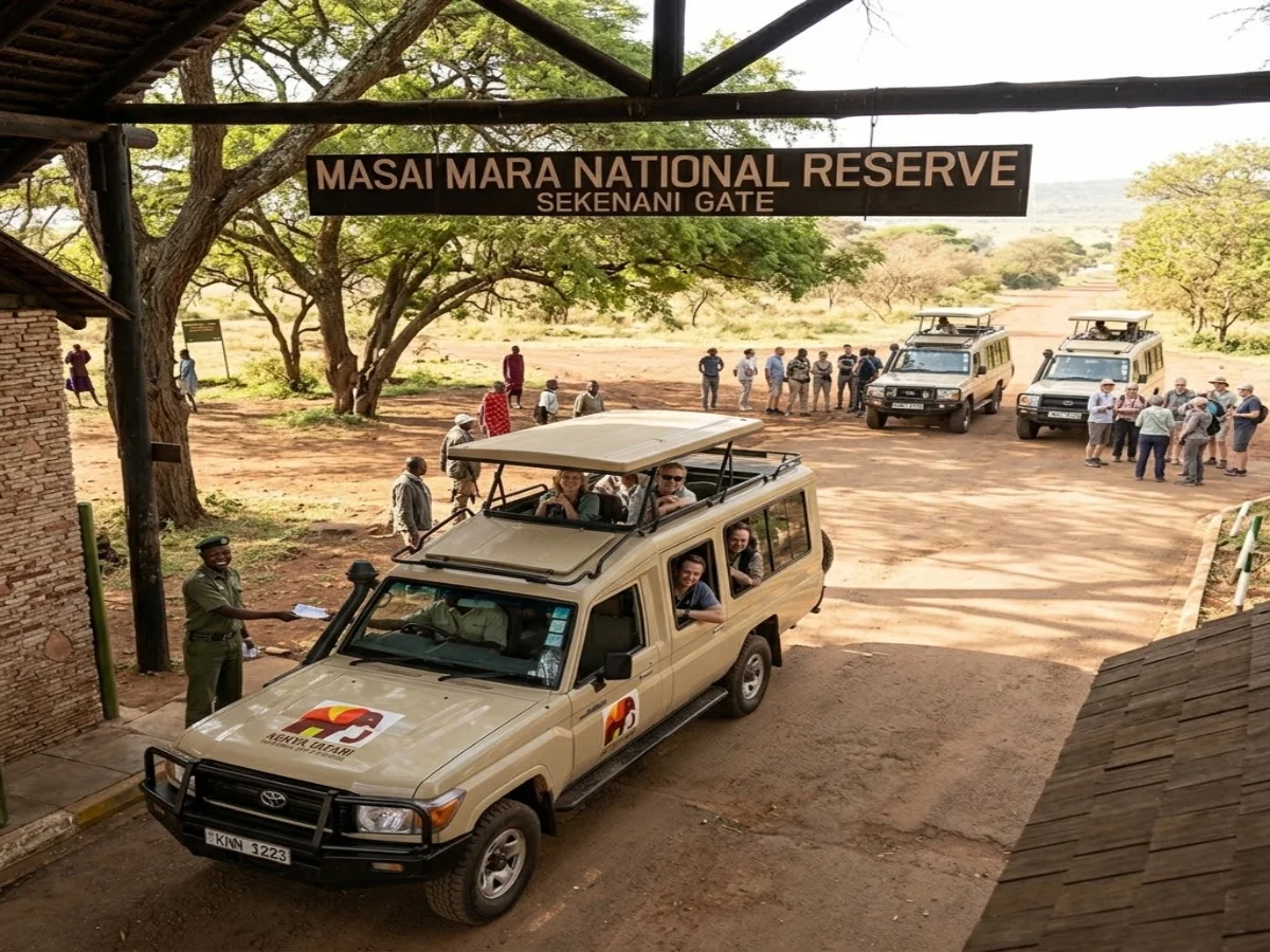 Safari vehicle passing through the Masai Mara national reserve entrance gate with pre-cleared electronic permits