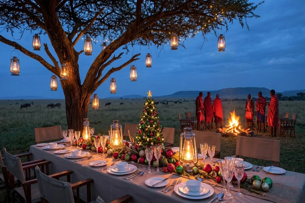 Festive Christmas Eve bush dinner setup illuminated by lanterns in the Kenyan wilderness