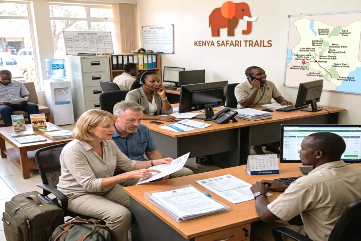 Travel consultant inside a licensed local Kenyan tour operator office in Nairobi booking a direct safari package