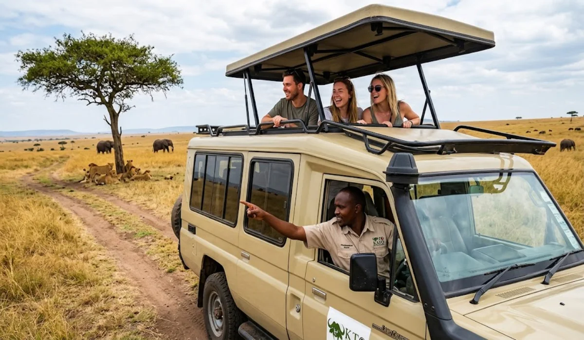 Customised 4x4 safari Land Cruiser with pop-up roof on a game drive with a professional KATO tour operator guide in Kenya.
