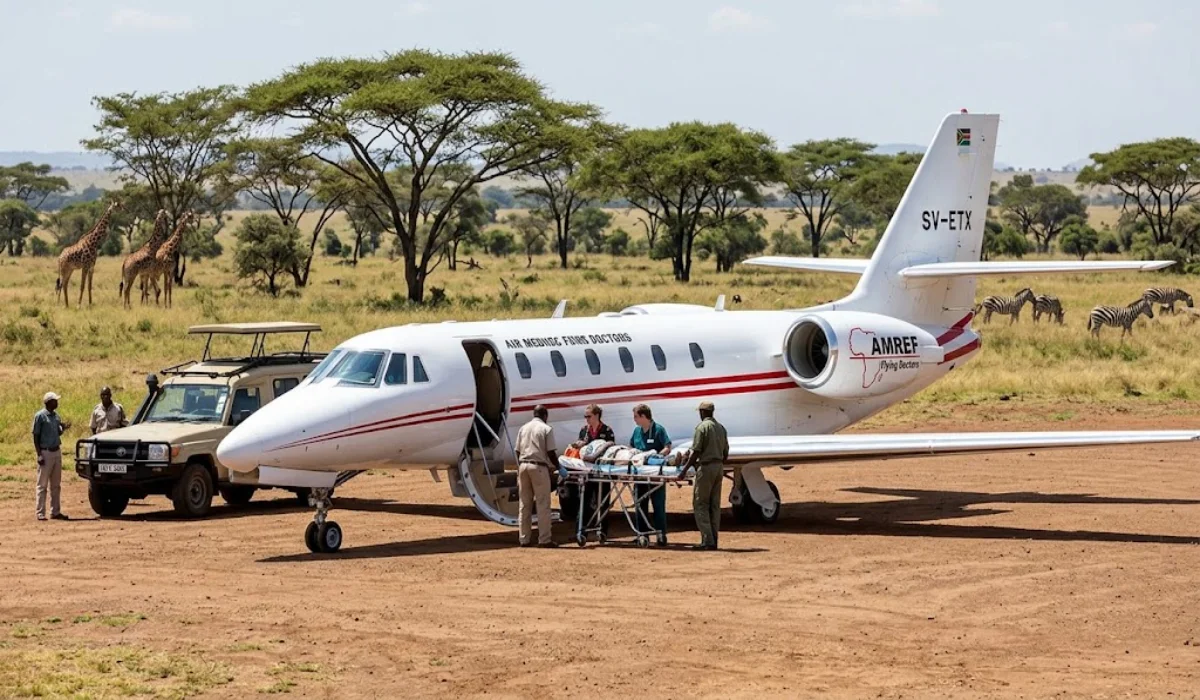 AMREF Flying Doctors medical evacuation aircraft stationary on a remote bush airstrip during a Kenya safari.