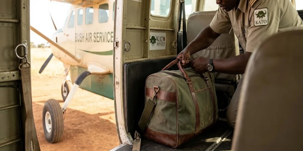 Neutral soft-sided duffel luggage packed for a 15kg internal bush flight limit on a Kenya safari holiday.