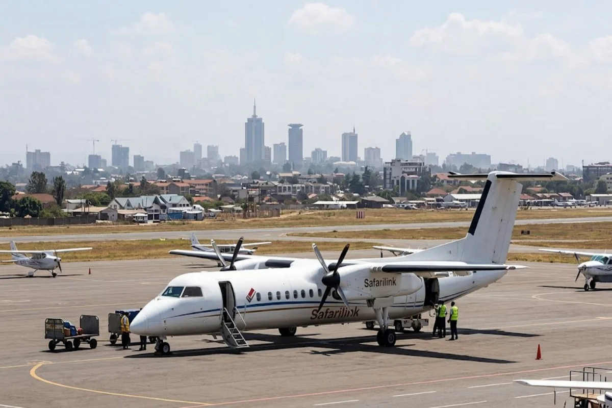 Safarilink passenger plane on tarmac at Wilson Airport Nairobi preparing for Maasai Mara flight