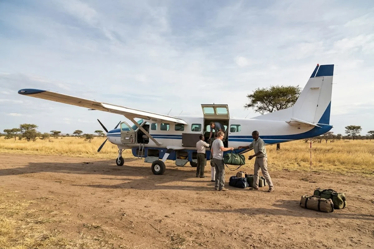 Light aircraft bush plane on Keekorok Airstrip in Masai Mara Kenya showing safari baggage loading for domestic flights.
