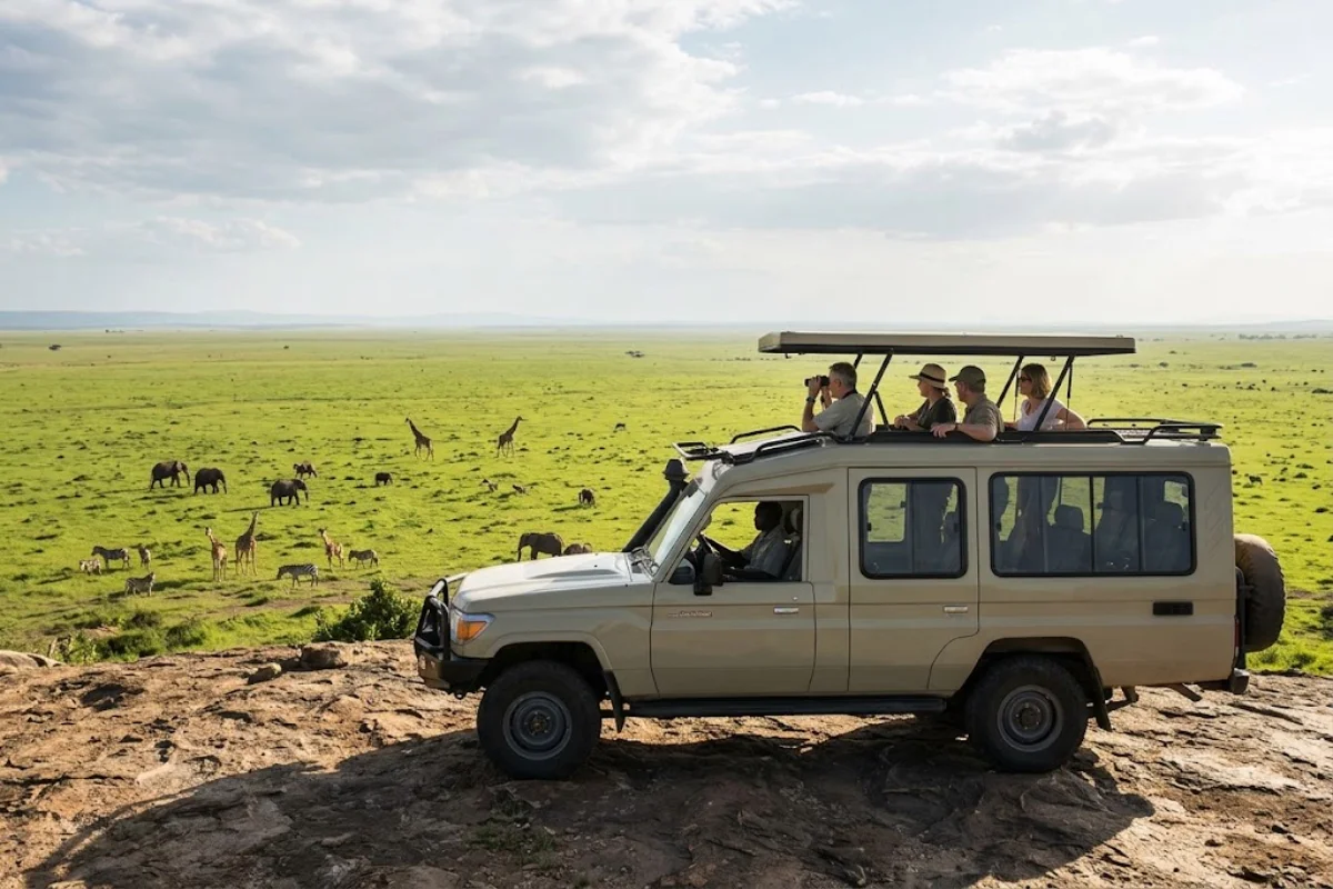 Custom 4x4 open-top Land Cruiser safari vehicle on a game drive in Mara Naboisho Conservancy Kenya.