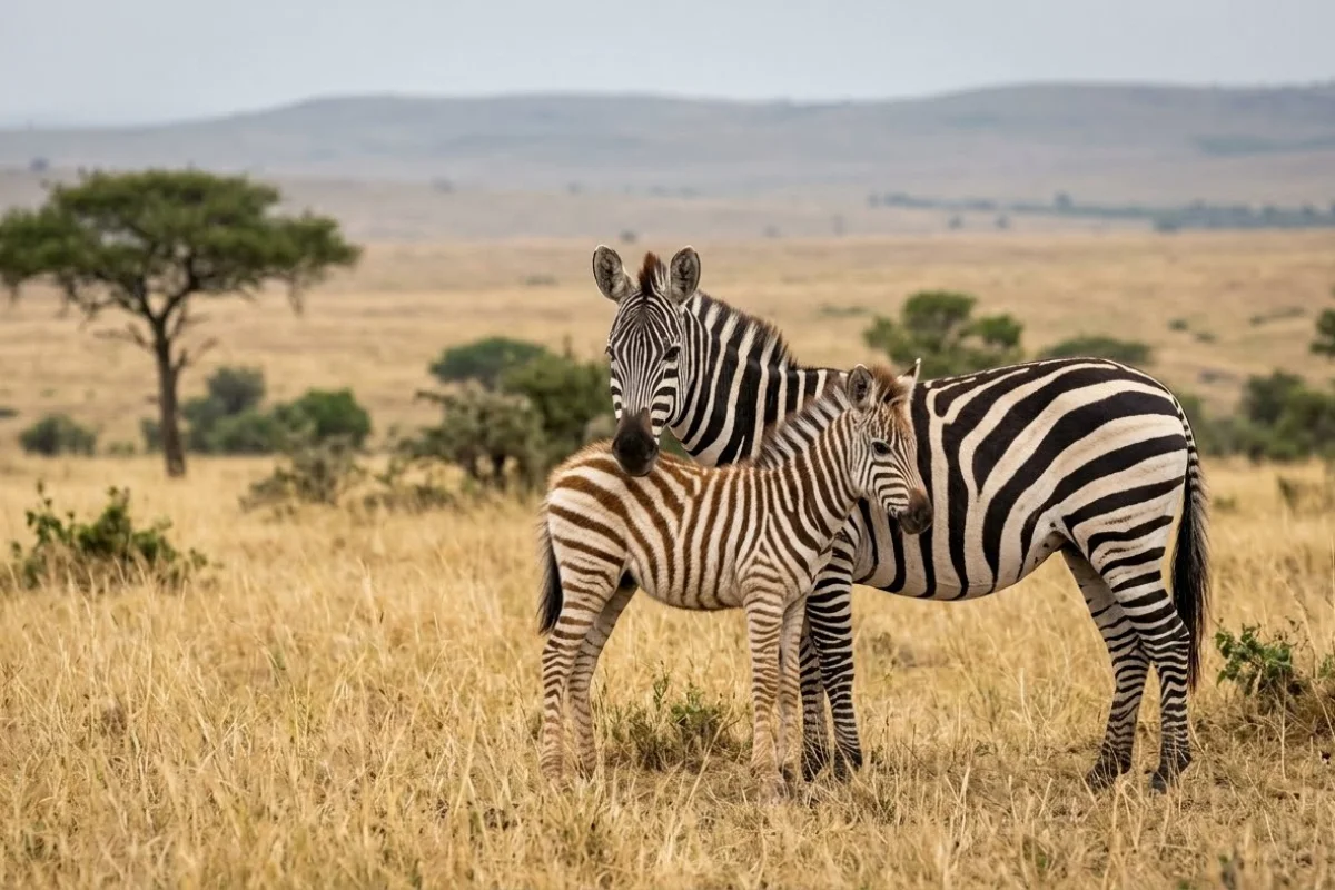 Newborn zebra foal beside its mother on the Talek plains in Masai Mara during a January safari in Kenya