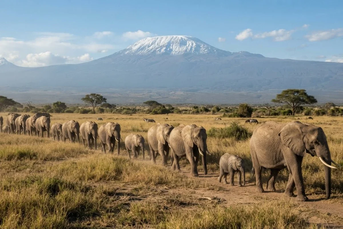 Elephant herd with Mount Kilimanjaro in the background at Amboseli National Park on a 10-day Kenya family safari