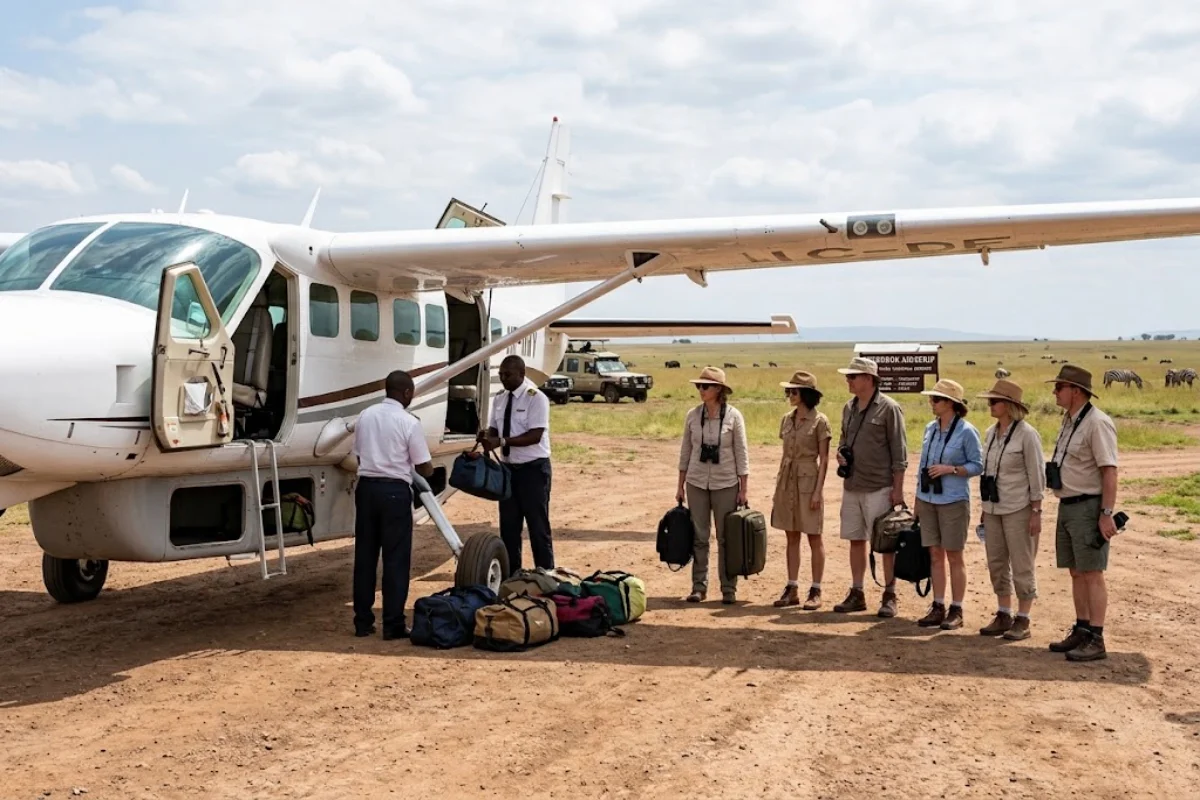 Light aircraft on a Maasai Mara airstrip loading soft-sided safari luggage with a 15kg baggage limit