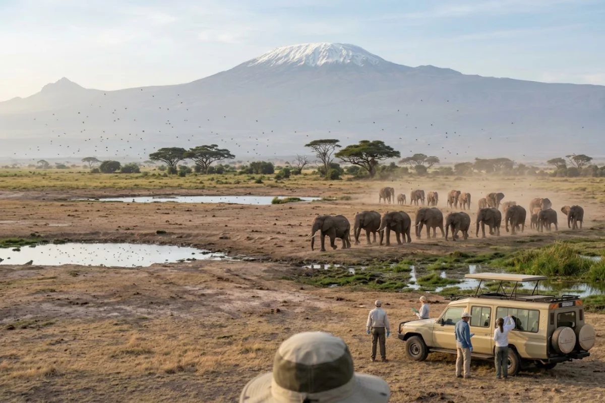 Elephants at Amboseli National Park Kenya, a lower-altitude safari area where malaria prevention is advised
