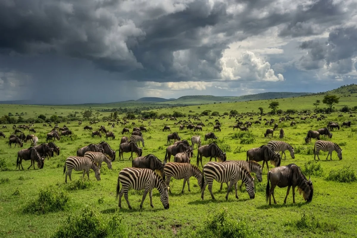 Wildebeest grazing in green season Masai Mara, a cheaper time for a budget Kenya safari from Australia